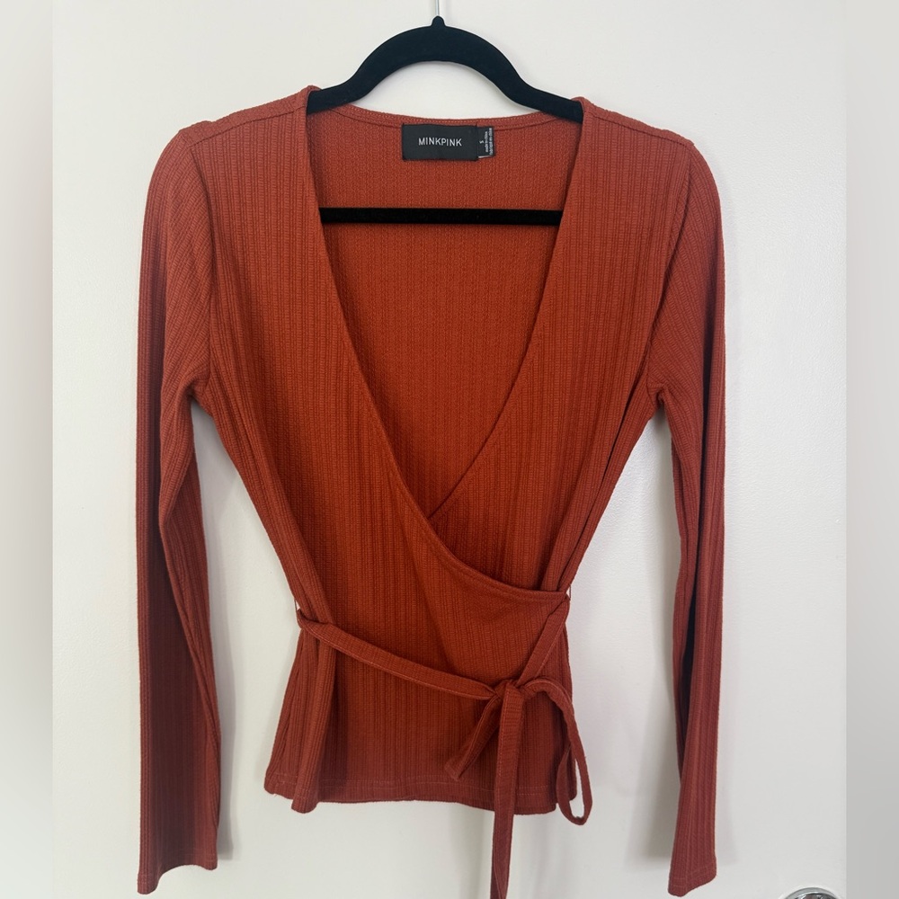 MINKPINK Burnt Orange Ribbed Wrap Top S